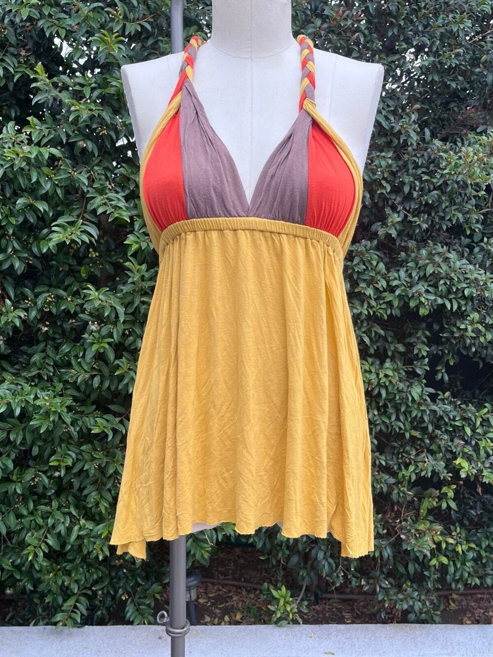 Vintage Y2K Made in USA Braided Strap Halter Babydoll Tank Top Medium Hippie